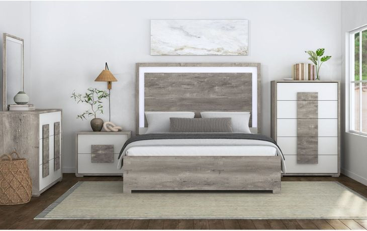 Vega White and Gray King Panel Bed with LED