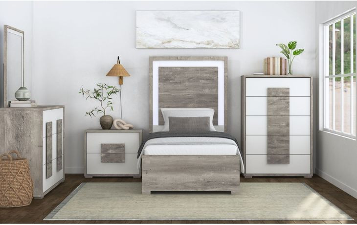 Vega White and Gray Twin Panel Bed with LED