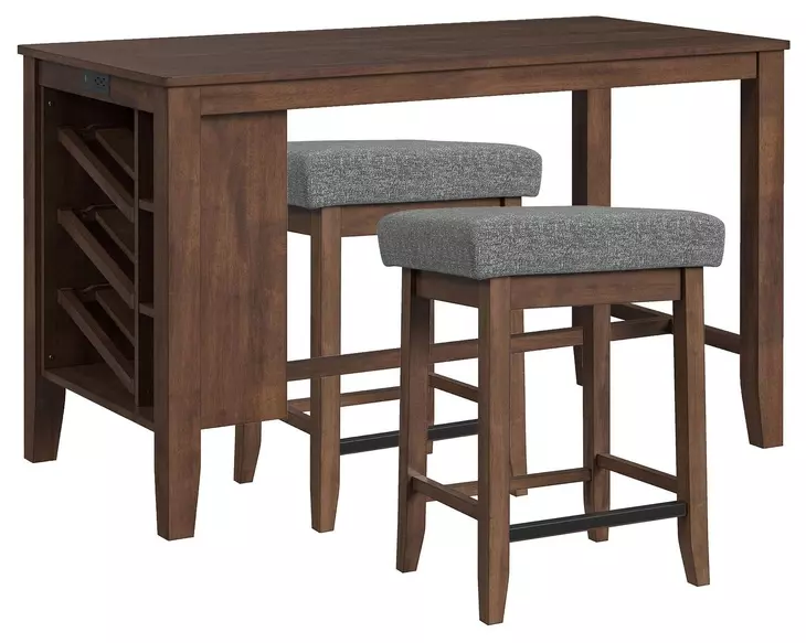 Veronica Walnut and Dark Gray Upholstered 3 Piece Kitchen Island Set with USB Charging