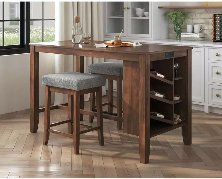 Veronica Walnut and Dark Gray Upholstered 3 Piece Kitchen Island Set with USB Charging