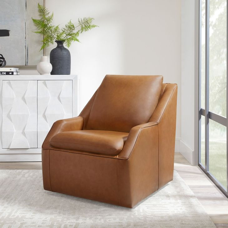 Asher Steamboat Ecru Leather Swivel Accent Chair