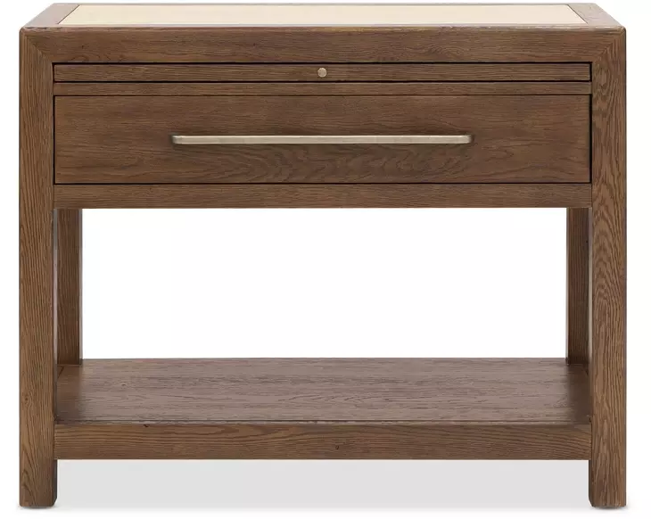 Driftwood Worn Saddle and Beige 1 Drawer Stone Top Open Nightstand
