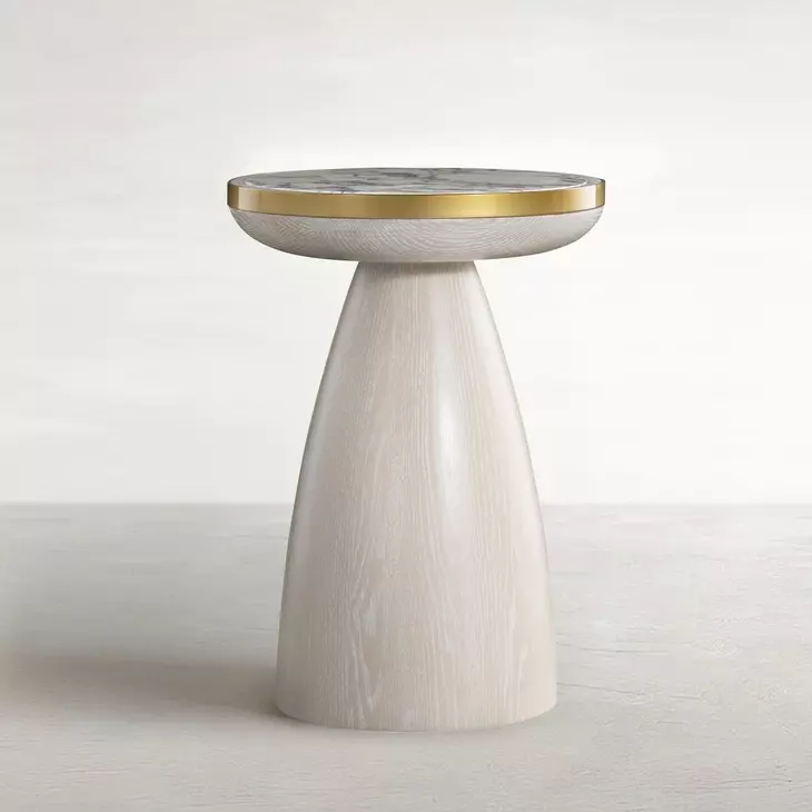 Cain Cerused Light Natural and Antique Brass Round Marble Top Side Table
