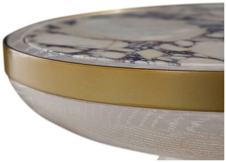 Cain Cerused Light Natural and Antique Brass Round Marble Top Side Table