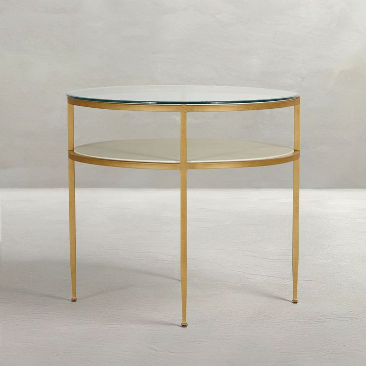 Constance Antique Brass Leaf and White Round Glass Top Side Table