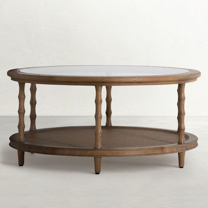 Sabine Satin Oak Round Glass Top Cocktail Table