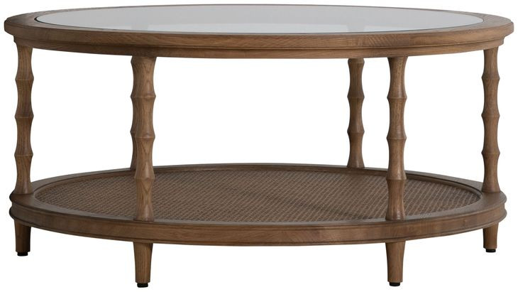 Sabine Satin Oak Round Glass Top Cocktail Table