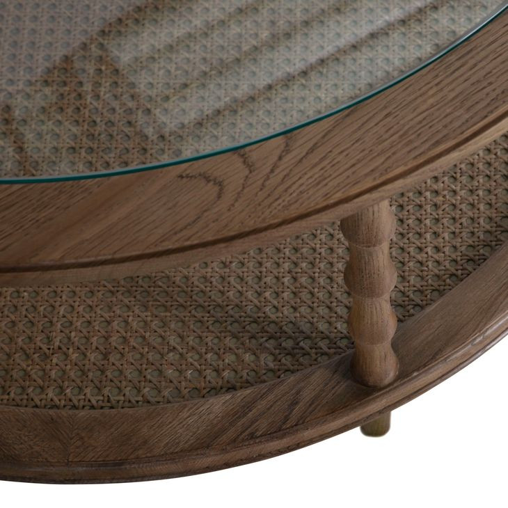 Sabine Satin Oak Round Glass Top Cocktail Table