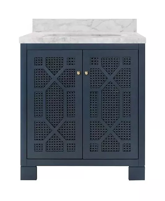 Schaffer Matte Navy Lacquer Carrera Marble Top Bath Vanity