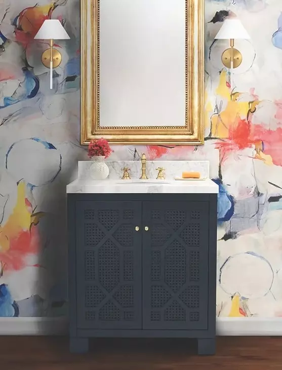 Schaffer Matte Navy Lacquer Carrera Marble Top Bath Vanity