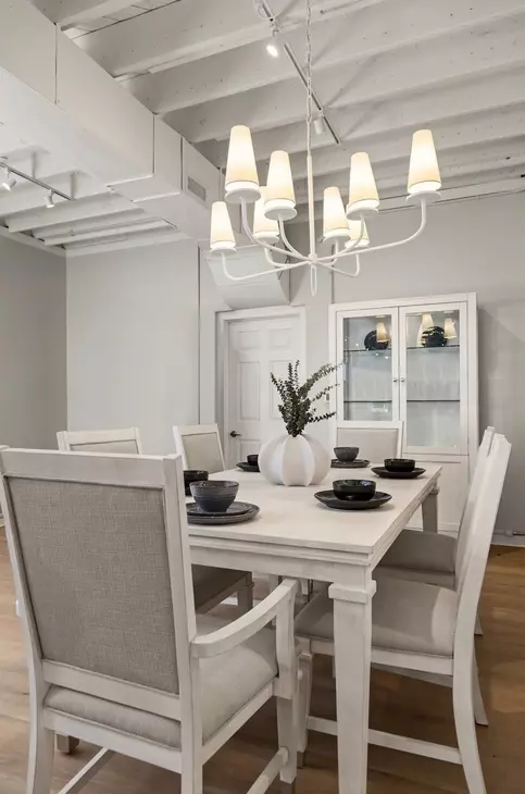 Point Breeze Fresh White and Soft Gray Glaze 96" Extendable Rectangular Dining Table with Self Storing Leaf
