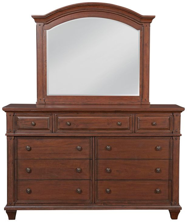 Sedona Cinnamon Cherry 7 Drawer Dresser and Arched Mirror