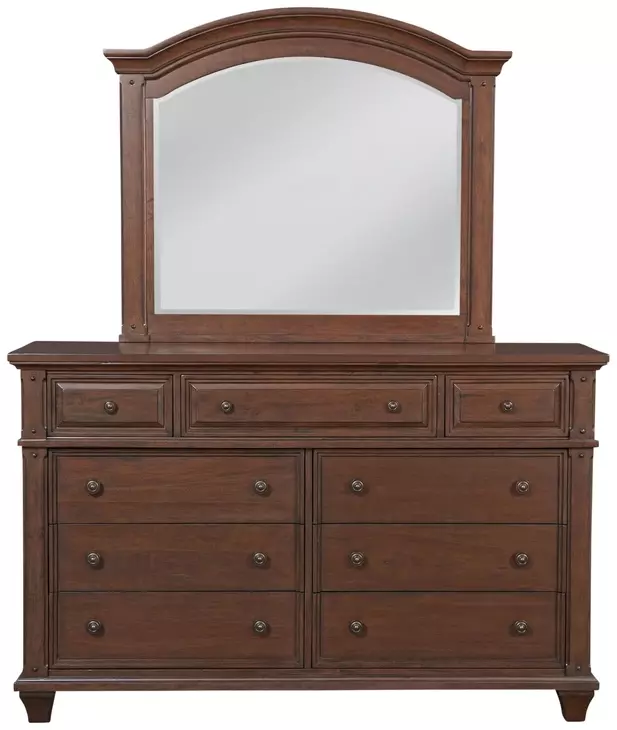 Sedona Cinnamon Cherry 7 Drawer Dresser and Arched Mirror