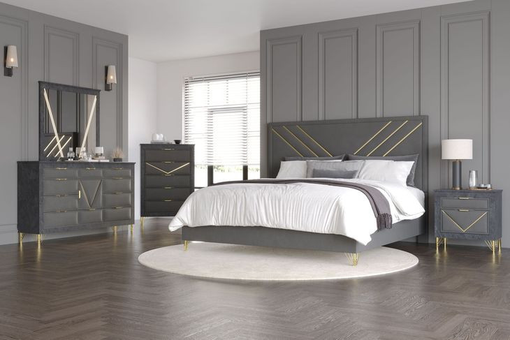 Symmetry Gray Upholstered Panel Bedroom Set