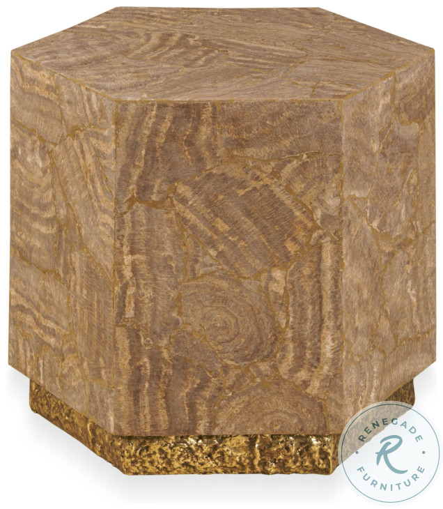 Aidan Travertine Veneer And Brass Hexagon Accent Table