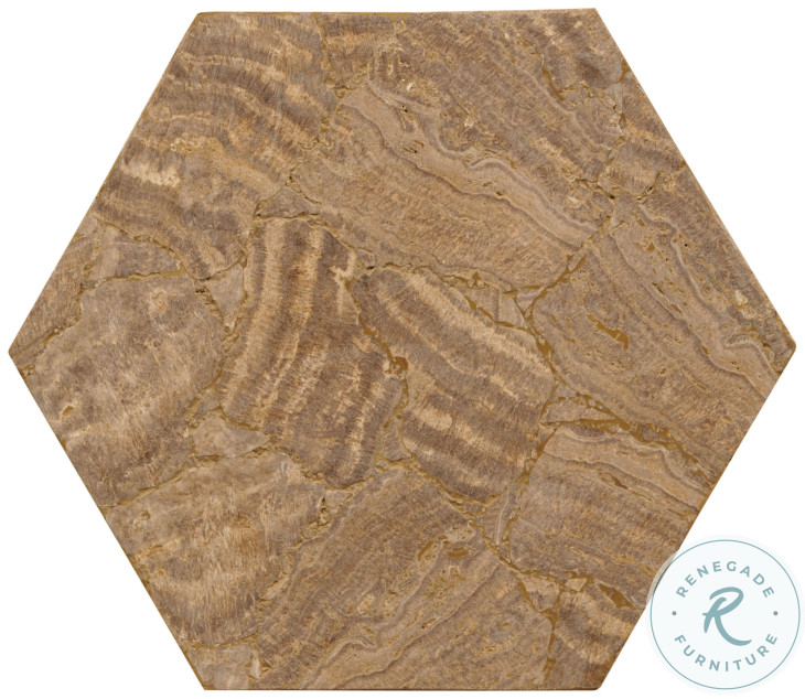 Aidan Travertine Veneer And Brass Hexagon Accent Table