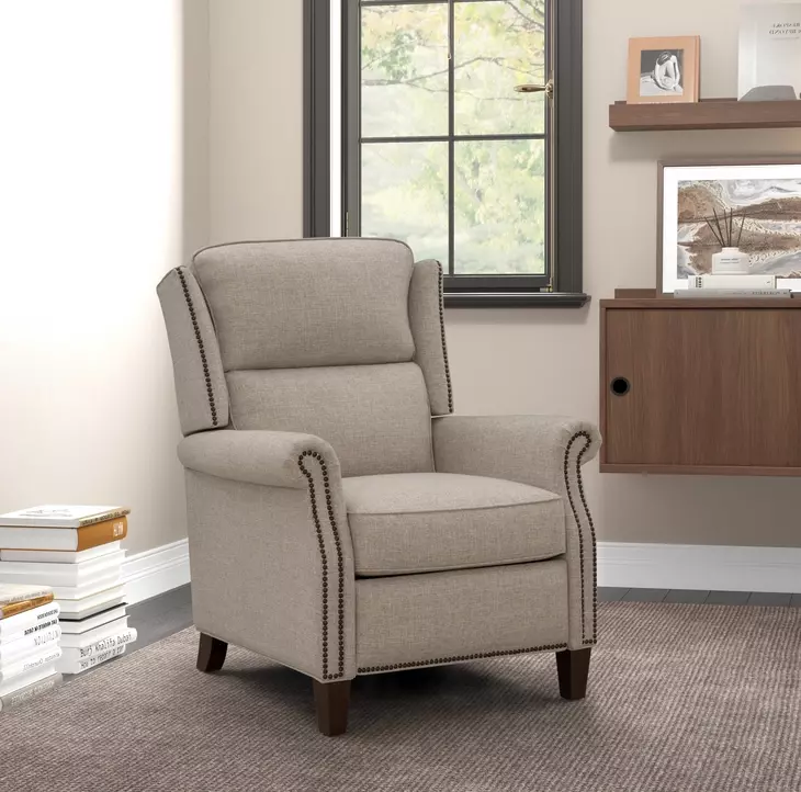 Shasta Linen Gray Push Thru The Arms Recliner with Nailhead Trim
