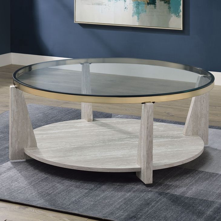 Wanda Beige Round Glass Top Coffee Table with Casters