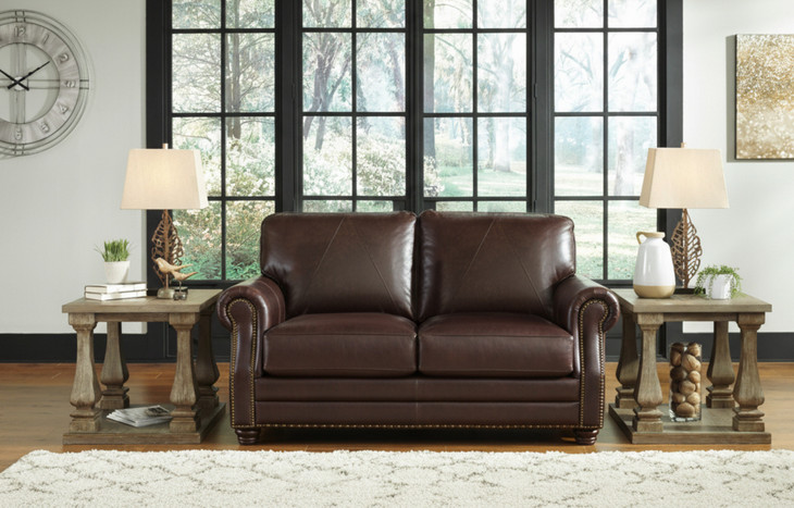 Brookstone Chocolate 61" Leather Loveseat with Nailhead Trim