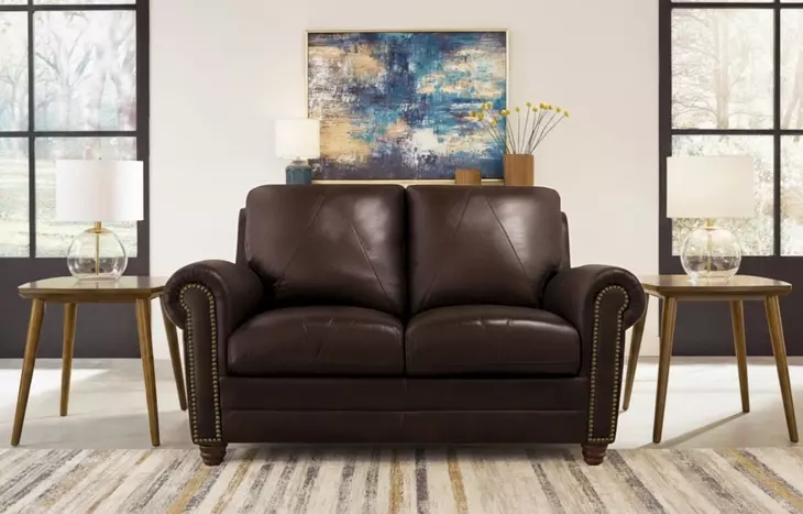 Brookstone Chocolate 61" Leather Loveseat with Nailhead Trim