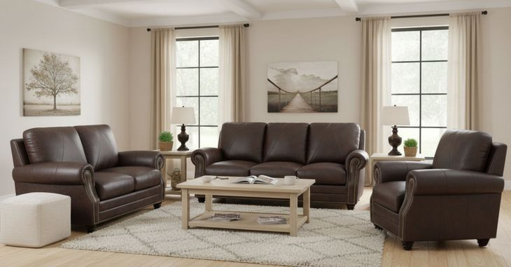 Brookstone Chocolate Leather Living Room Set with Nailhead Trim