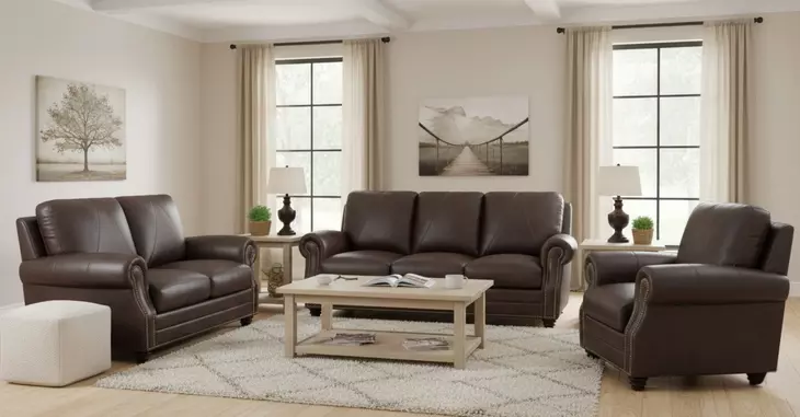 Brookstone Chocolate Leather Living Room Set with Nailhead Trim