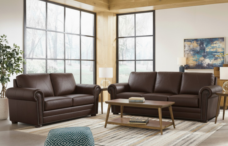 Brookstone Chocolate Leather Living Room Set with Nailhead Trim