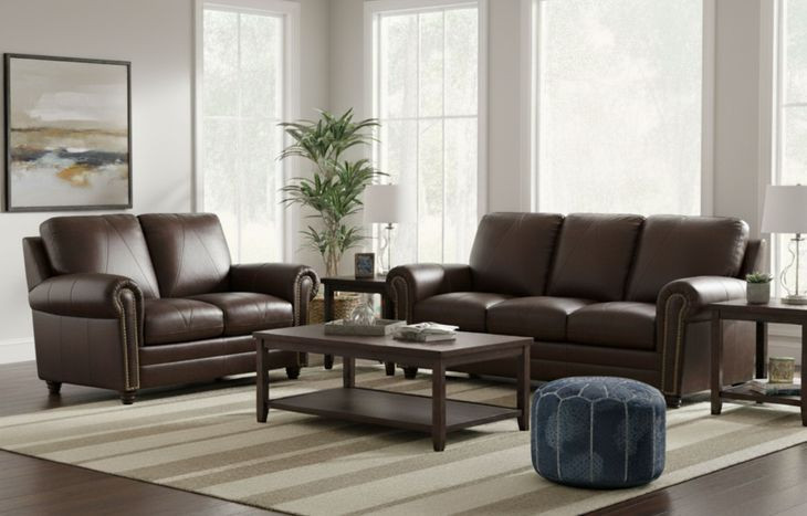 Brookstone Chocolate Leather Living Room Set with Nailhead Trim