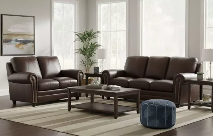 Brookstone Chocolate Leather Living Room Set with Nailhead Trim