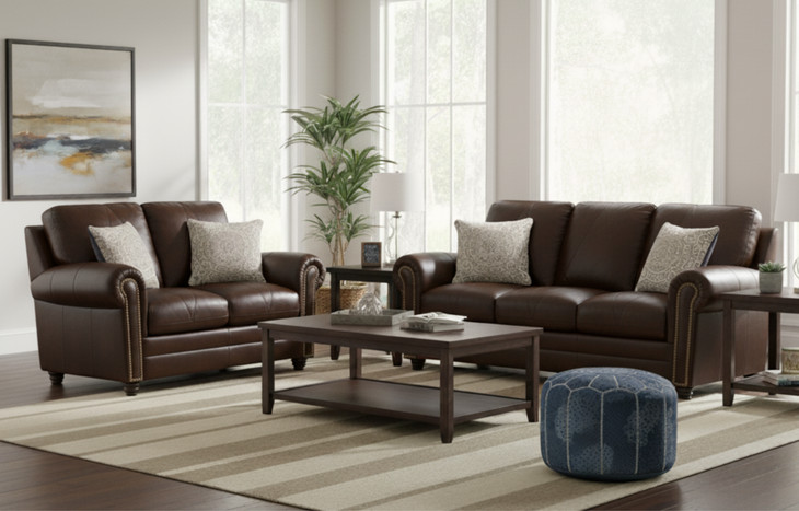 Brookstone Chocolate 86" Leather Sofa with Nailhead Trim