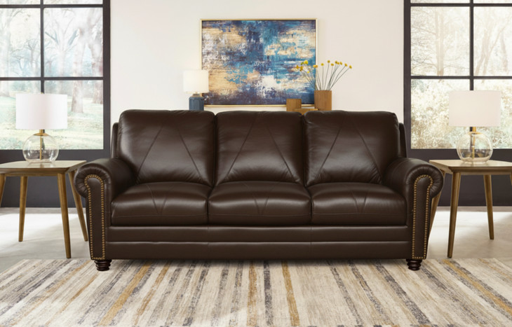 Brookstone Chocolate 86" Leather Sofa with Nailhead Trim