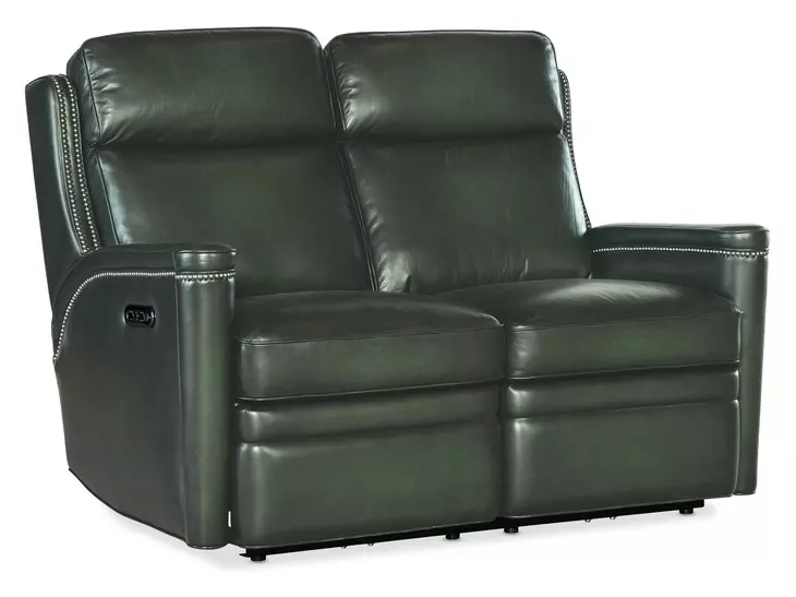 Hamilton Green Leather 56" Power Reclining Loveseat with Power Headrest