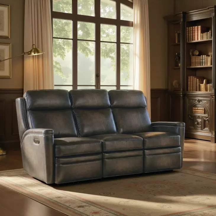 Hamilton Grey Leather 79" Power Reclining Sofa with Power Headrest