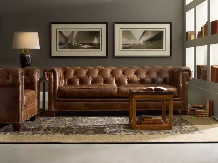 Chester Dark Walnut Leather Stationary 94" Sofa