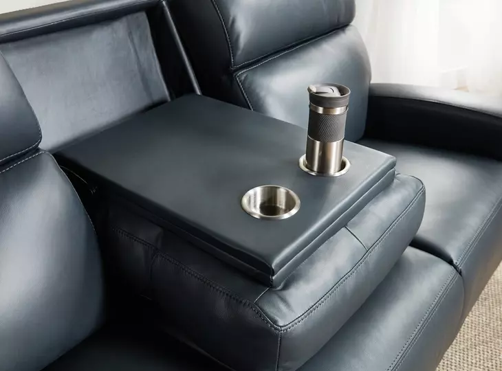 Elspeth Salvo Denim Leather ZeroG 81" Power Reclining Console Sofa With Power Headrest