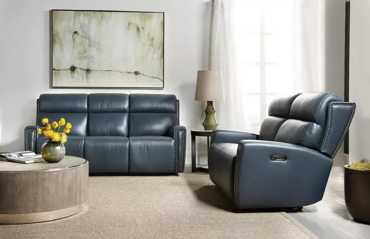 Elspeth Salvo Denim Leather ZeroG 81" Power Reclining Console Sofa With Power Headrest