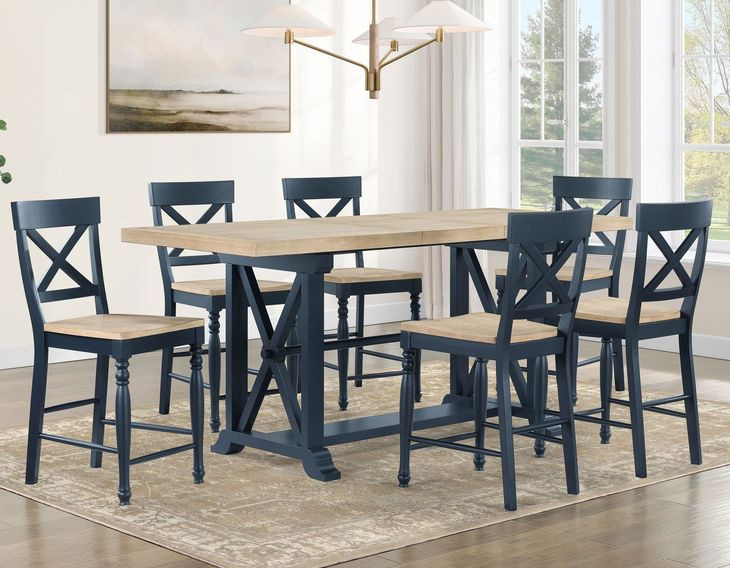Darcy Beige and Midnight Blue Extendable Rectangular Counter Height Dining Room Set