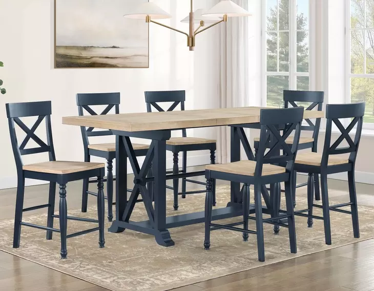 Darcy Beige and Midnight Blue Extendable Rectangular Counter Height Dining Room Set