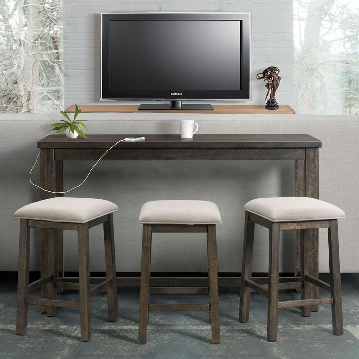 Stanford Taupe and Smokey Walnut Upholstered 4 Piece Bar Table Set with USB Charging