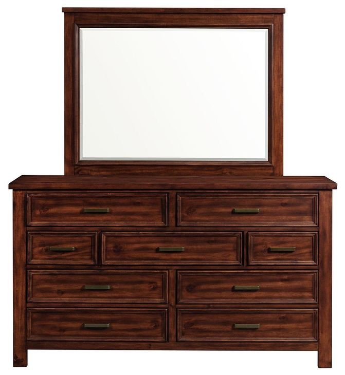 Damen Rich Cherry 9 Drawer Dresser and Rectangular Mirror