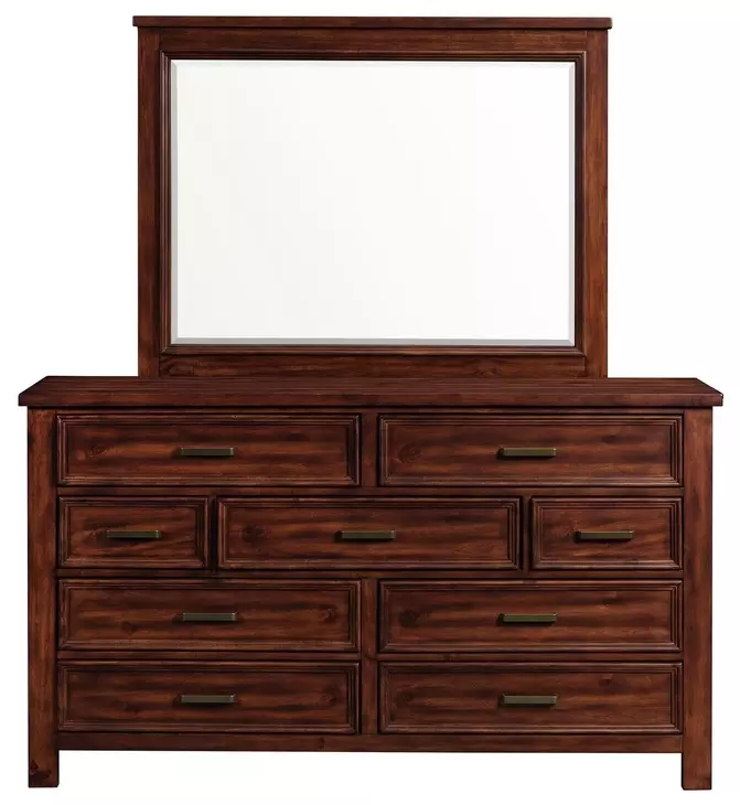 Damen Rich Cherry 9 Drawer Dresser and Rectangular Mirror
