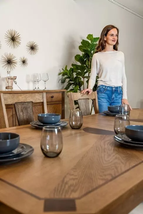 Sun Haven Oak and Walnut 96" Extendable Rectangular Dining Table with Self Storing Leaf