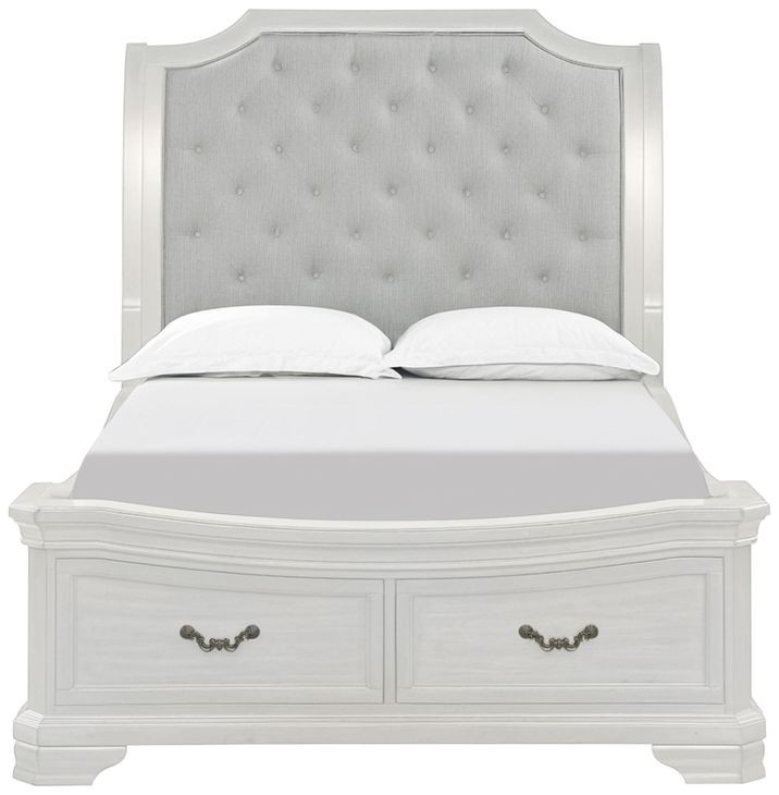 Lyndhurst Vintage White and Beige King Upholstered Storage Sleigh Bed