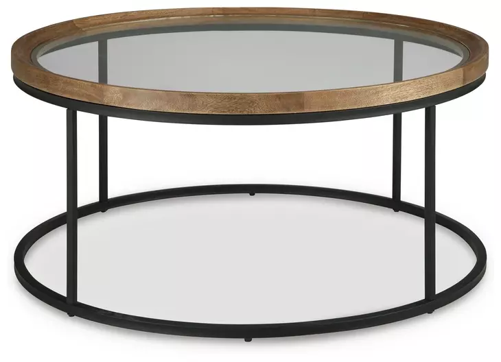 Noraluna Medium Brown and Black Round Glass Top Cocktail Table