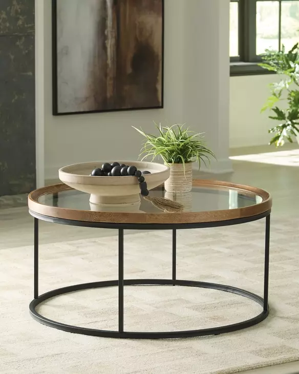 Noraluna Medium Brown and Black Round Glass Top Cocktail Table