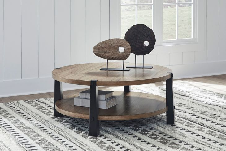 Ridgester Light Brown and Matte Black Round Cocktail Table