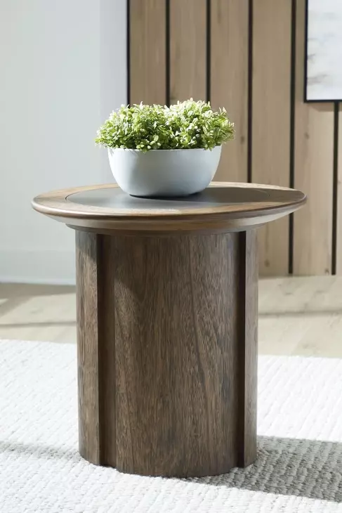 Dontayne Warm Brown and Dark Gray Round End Table