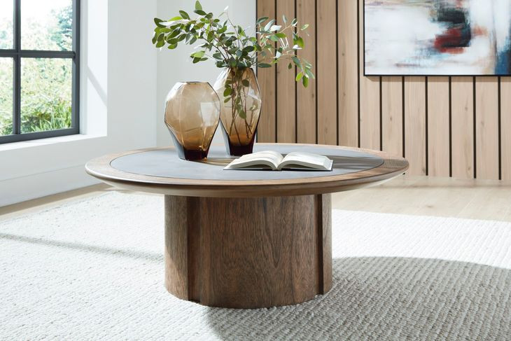 Dontayne Warm Brown and Dark Gray Round Cocktail Table