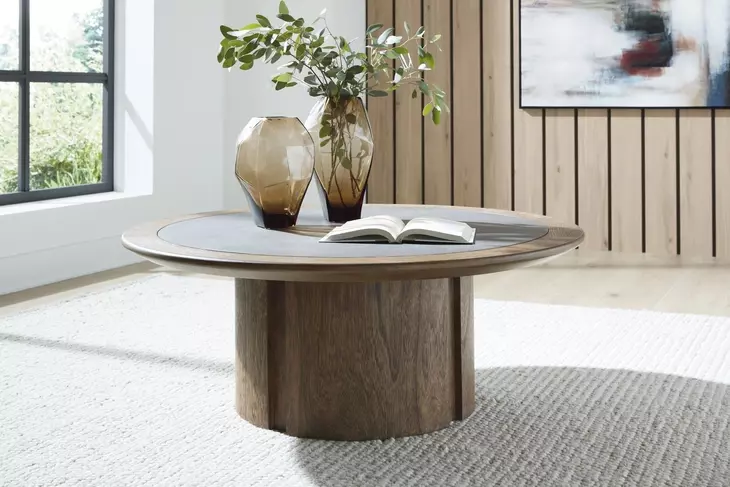 Dontayne Warm Brown and Dark Gray Round Cocktail Table