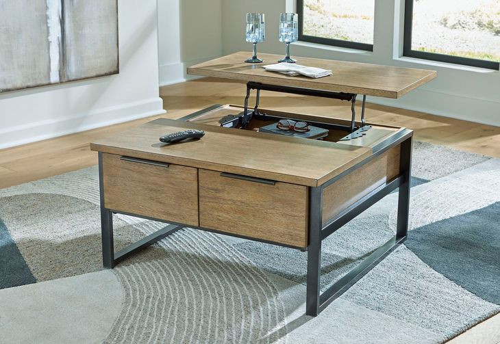 Montia Light Brown and Gunmetal Gray Square Lift Top Occasional Table Set